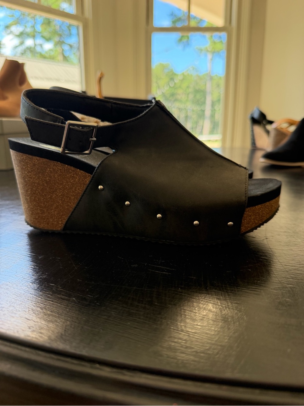 Volatile Black Slingback Wedge Sandals with Stud Accents